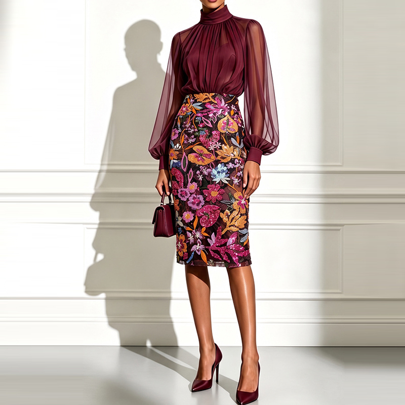 Midi Skirt Floral - Conjunto de Blusa Sexy de Gola