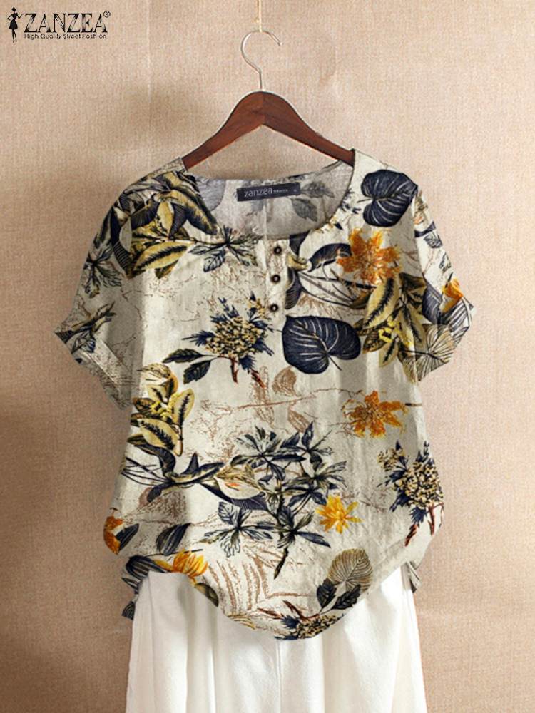 Romper Floral Print - Zanzea camisa de algodão feminina moda